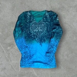 Vintage Y2K Sinful‎ Shirt Womens Small Blue LS Grunge Emo Cyber Goth Affliction